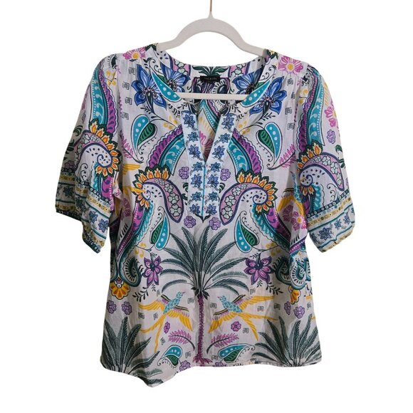 Talbots Birds And Palms Popover Blouse Tropical Vacation Sustainable Size L - Picture 2 of 9